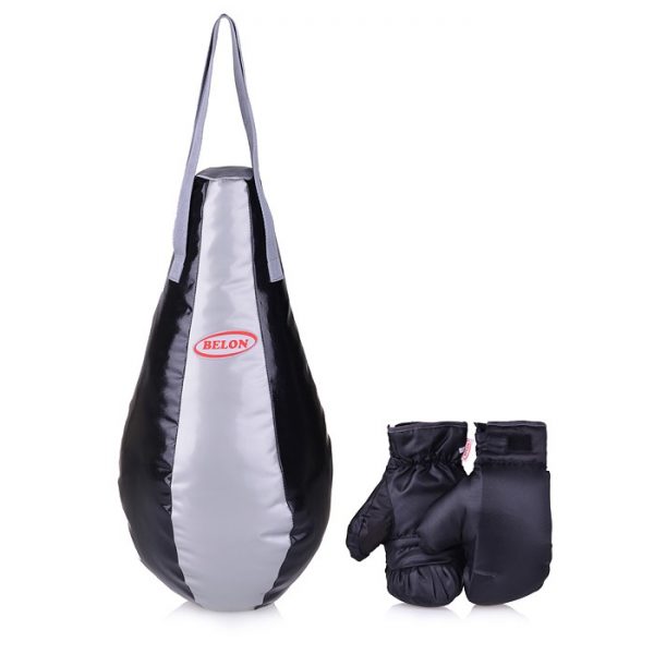 Набор для бокса груша каплевидная 55 см х Ø28 см+перчатки. Цвет серебро+черный
