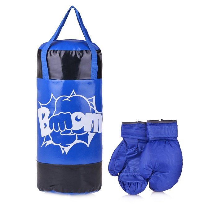 Набор для бокса: груша 50 см х Ø20 см. (тент) с перчатками. Цвет синий+черный. Принт BOOM