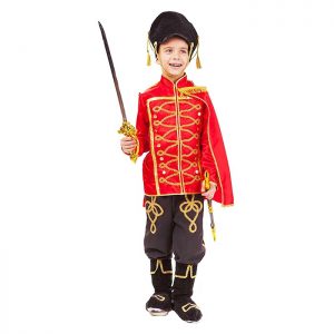 Карнавальный костюм Гусар (мундир, брюки с сапогами, кивер, плащ, сабля) размер 116-30