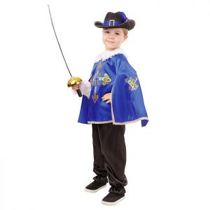 Карнавальный костюм Мушкетер синий (рубашка сплащом, брюки, шляпа,шпага) размер 122-32 (